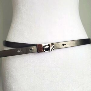 CALVIN KLEIN Minimalist Skinny Belt Silvertone CK Logo Buckle Metallic Grey